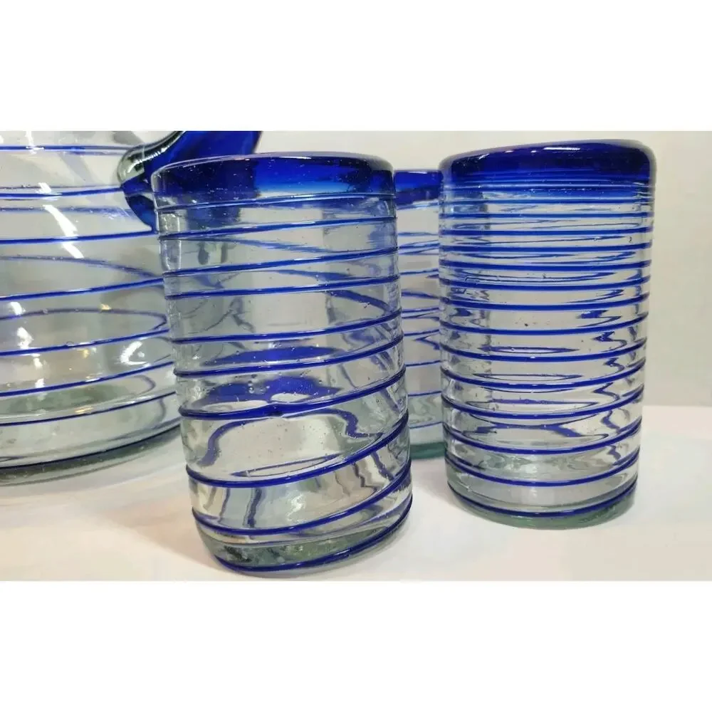 Hand Blown Cobalt & Clear Glass Swirl Pitcher & Glasses 7 Pc Set Made in Mexico